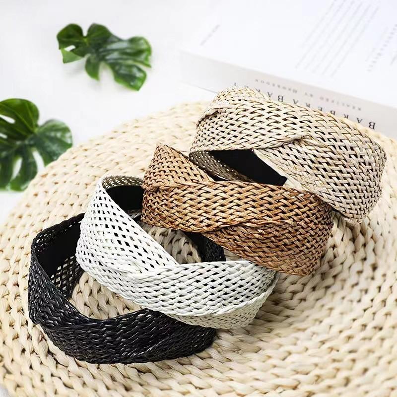 Handgeflochtenes Boho-Stirnband für Damen, Netz-Twist, breiter Haarclip, trendiges Sommer-Haarband, Schwarz, Weiß, Beige, Kaffee