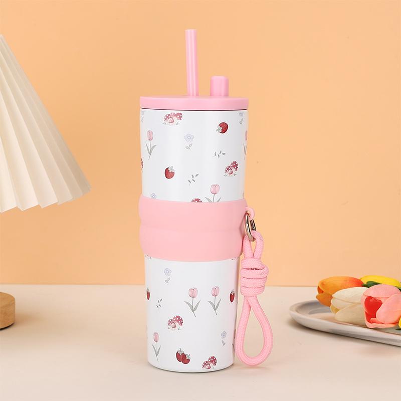 710Ml Large Capacity Car Thermos Mug Stainless Steel Vacuum Flask With Retractable Straw Leak-Proof Coffee Tea Cold Drink Bottle