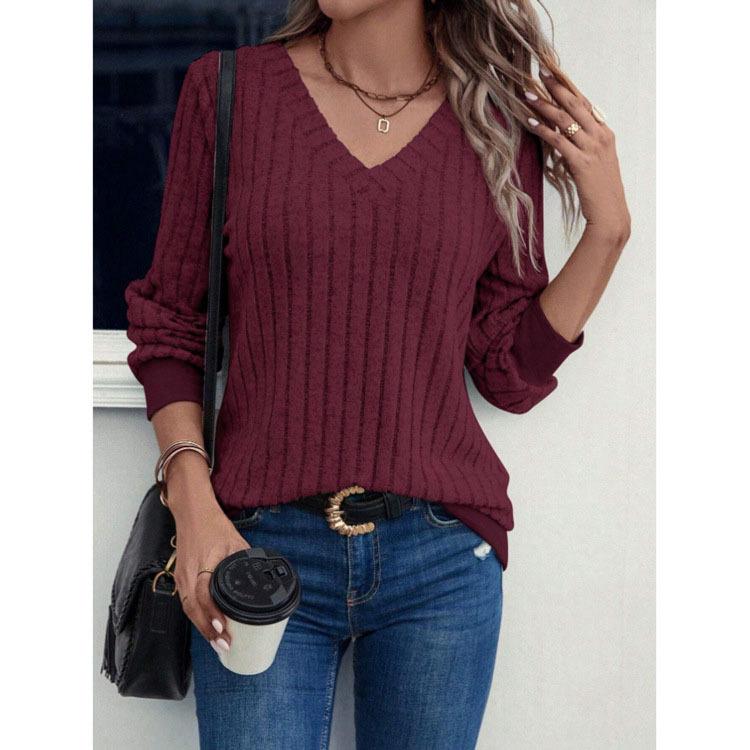 2025 Women's V-neck Long Sleeve Ribbed Knit Pullover - Spring/Autumn European & American Fashion
