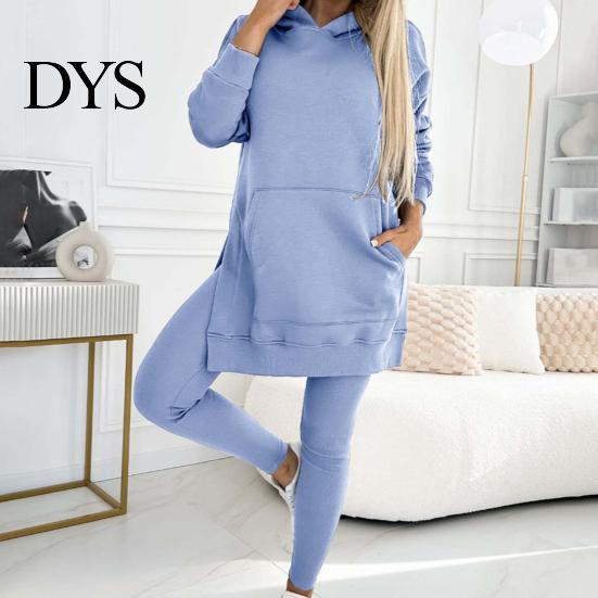 Women Tracksuit 2 Pcs/Set Lady Top Pants Set Hooded Long Sleeve Slit Hem Hoodie Stretchy Auutmn Trousers Waist Slim Fit Sport Fitness Casual Homewear