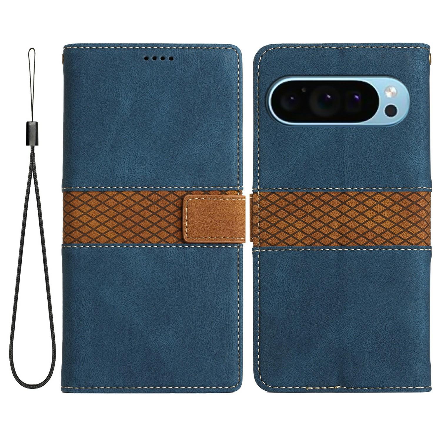 

For Google Pixel 9 Pro/Pixel 9 Leather Case Grid Splicing Stand Wallet Phone Cover Blue