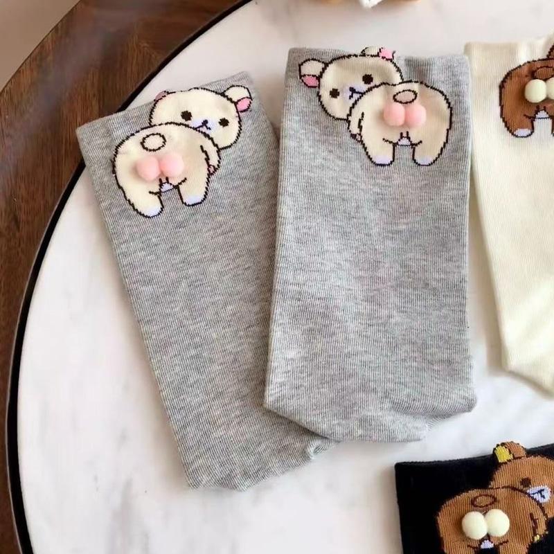 

1 пара многоэлементных удобных хлопковых носков, мультяшные носки с маленьким медведем и яйцом, приятные к коже, трехмерные серый