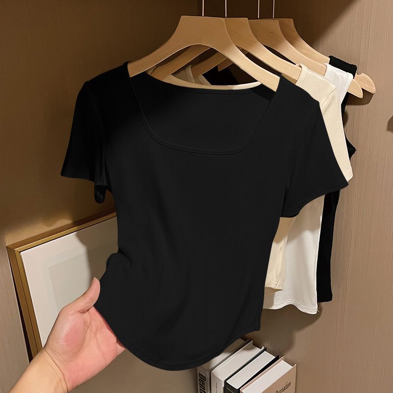 Top da donna a maniche corte con scollo quadrato, vestibilità regular, T-shirt casual a coste, tinta unita