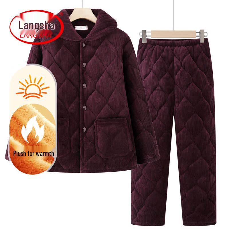Langsha Elderly Women's Fleece-Lined Thermal Pajama Set