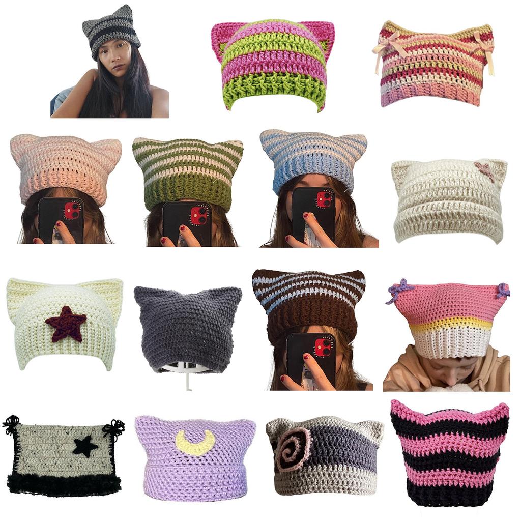 Fashion Beanie Hat for Women Girls Cat Ear Knit Hat Lovely Anime Skull Hat Y2K Moom Crochet Bonnet Hat Punk Headdress