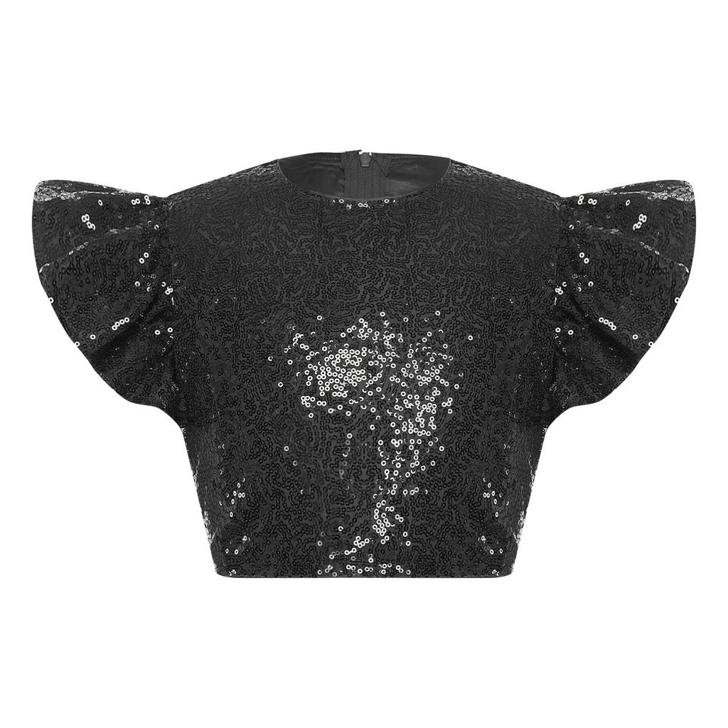 Dívčí párty halenka top třpytivý flitrovaný crop top kulatý výstřih volánkové design s muchlákovými rukávy podšitý narozeninový top