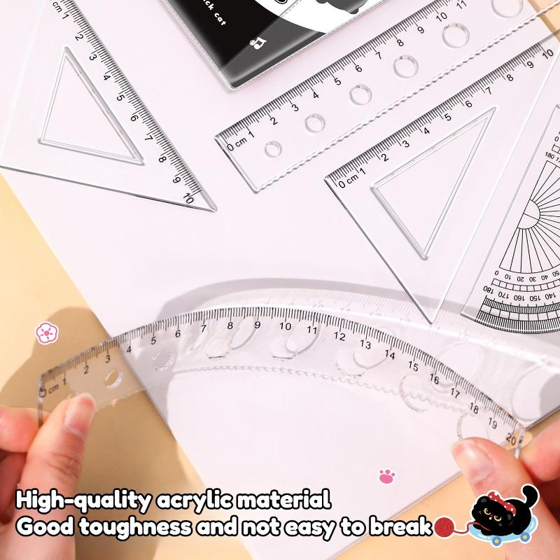 4PCS Set Transparent Plastic Rulers Straight Rulers Protractors Set Square Kawaii School Stationery Kid Math Stationery
