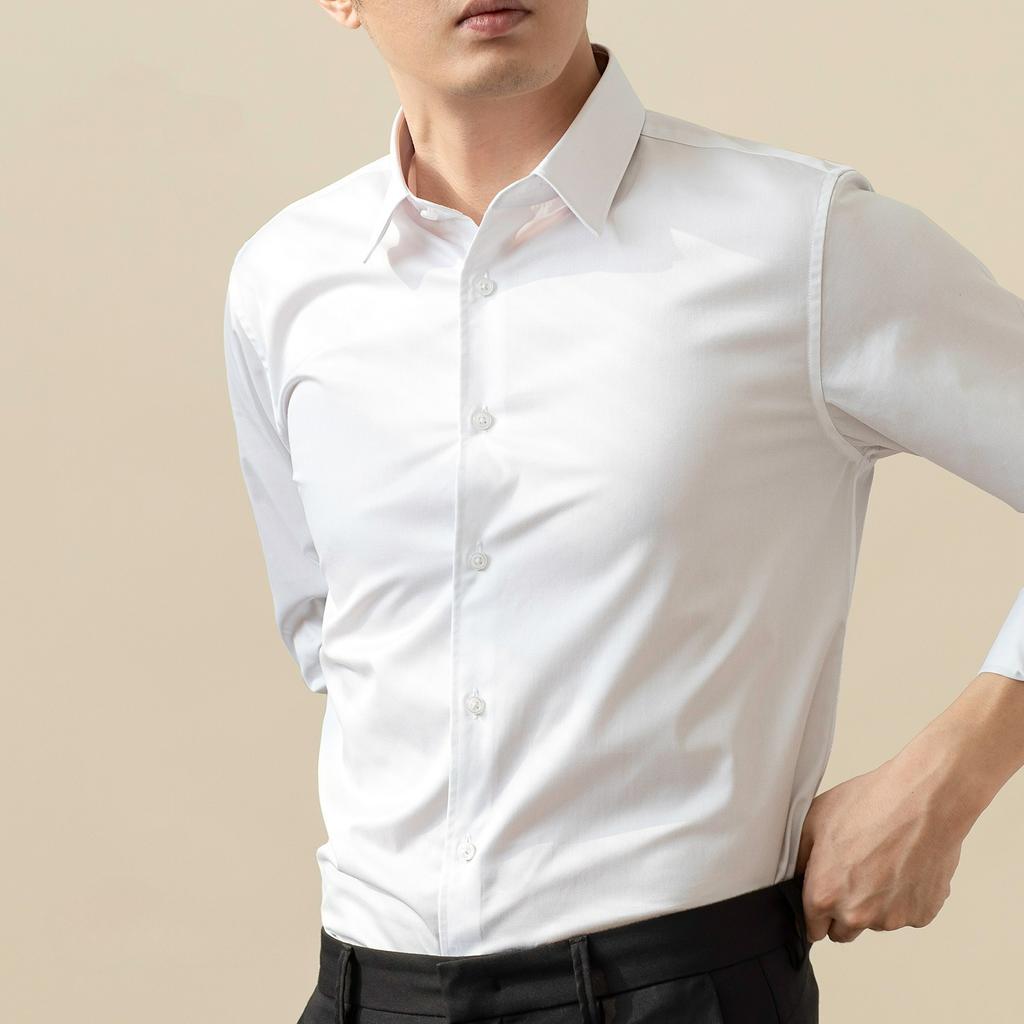 Langärmiges Weißes Hemd Herren Einfarbig Stretch Slim-fit Bügelfrei Knitterarm Business Casual Herren Berufshemd