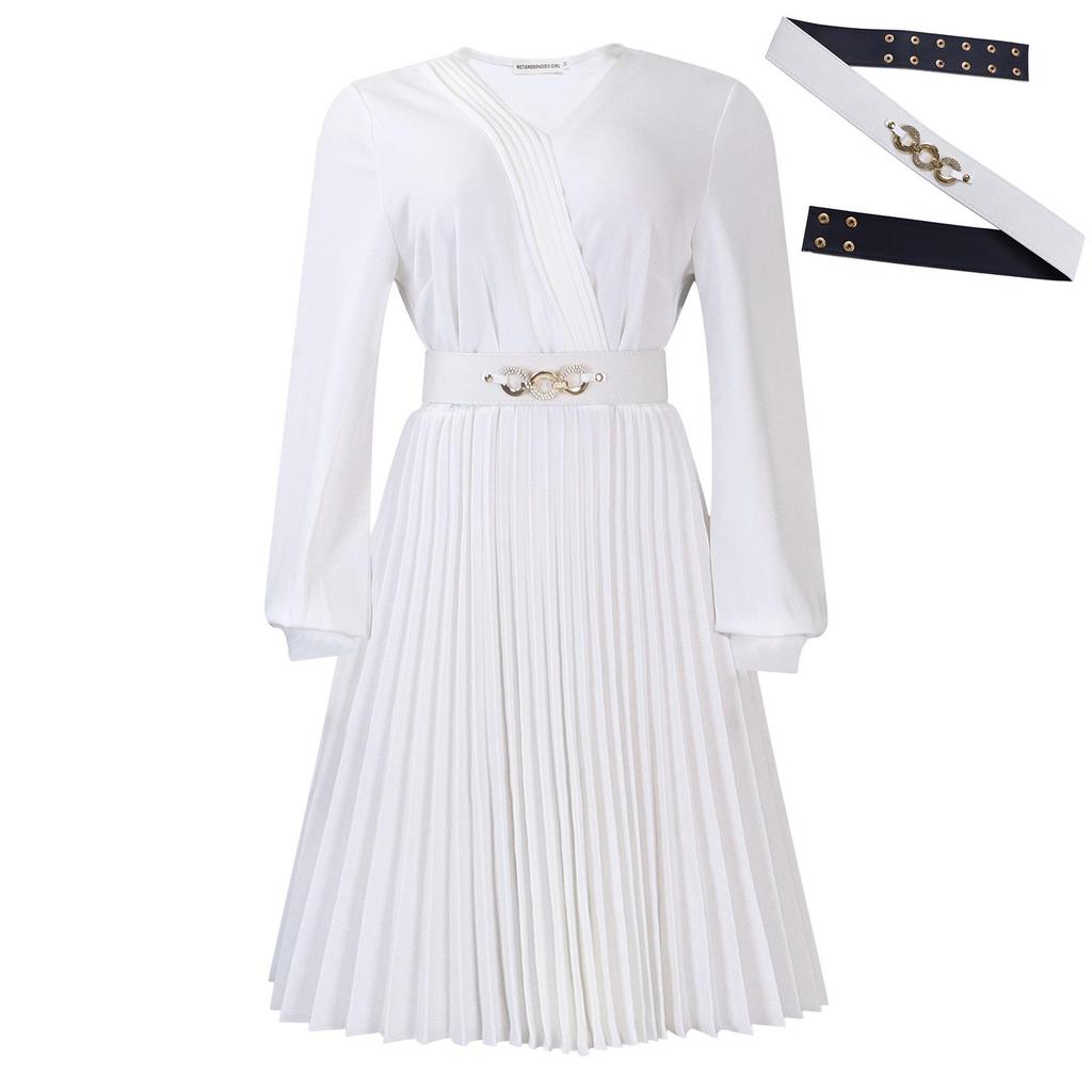 Elegantes V-Ausschnitt Plissee Übergröße Einfarbiges Kleid - Europäischer & Amerikanischer Stil