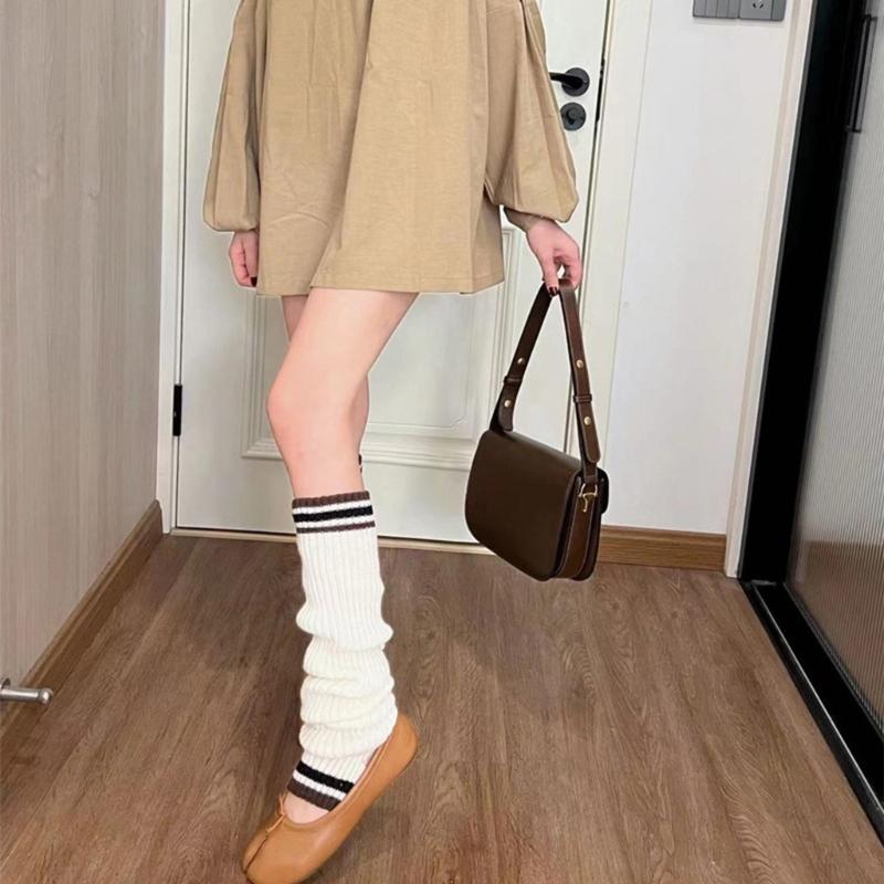 Student Vintage Double Striped Ribbed Knit Leg Warmers Slouch Leg Covers Boot Cuffs Stretchy Long Boot Socks for Women