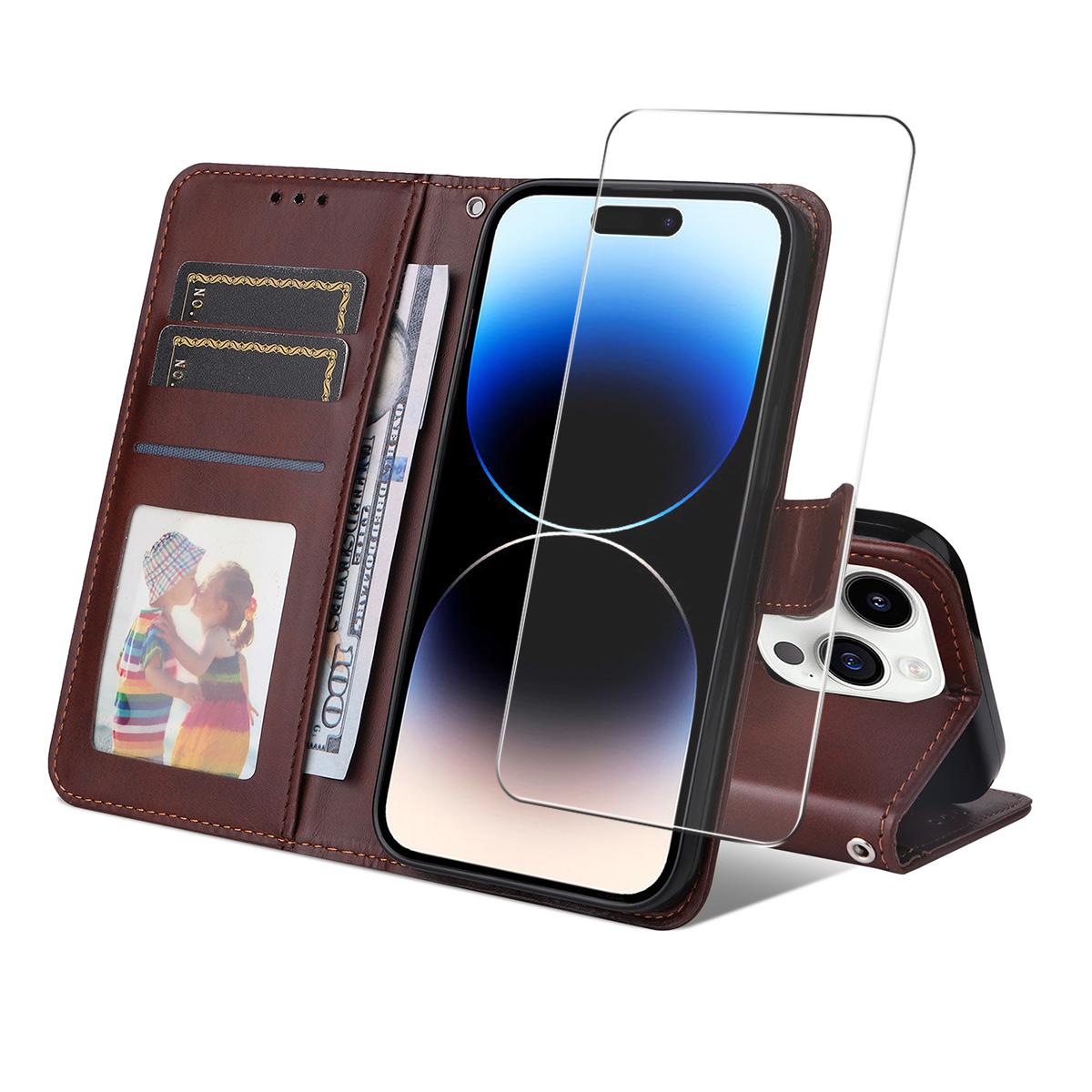 

For iPhone 15 Pro Max PU Leather Wallet Case ENKAY HAT PRINCE Phone Stand Cover with Tempered Glass Brown