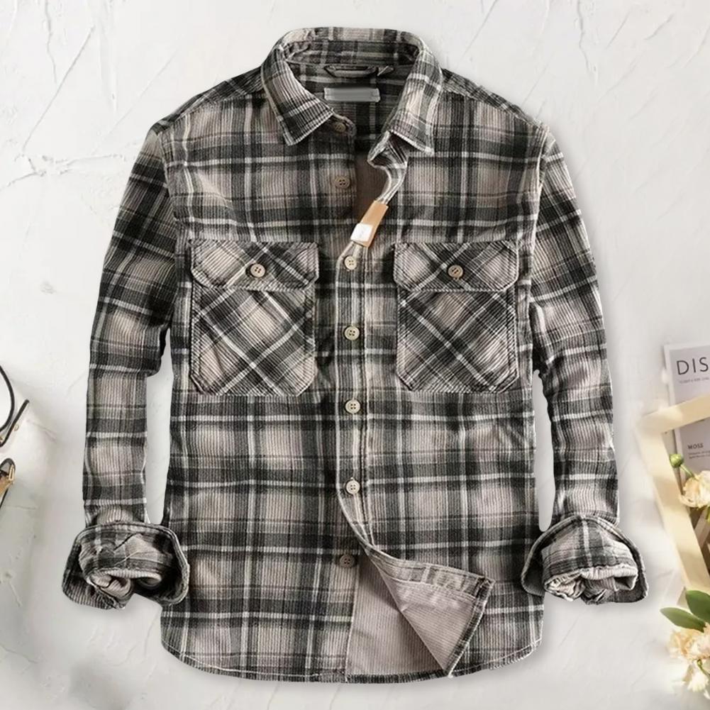 Spring Fall Men Shirt Plaid Print Single-breasted Long Sleeves Shirt Retro Mid Length Cardigan Top