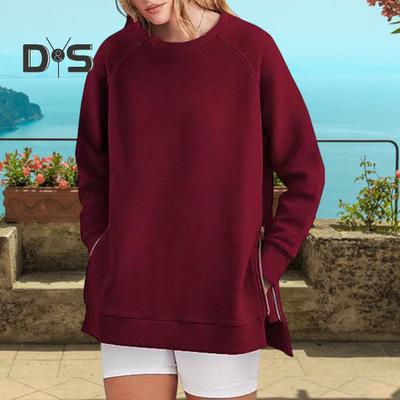 Sweatshirt mit seitlichem Reißverschluss, geschlitztem Saum, Rundhalsausschnitt, langen Ärmeln, lockeren, elastischen Bündchen, mittellanges Oberteil für Frühling und Herbst für Sport und Alltag