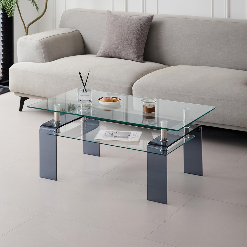 Clear Tempered Glass Coffee Table Living Room Tea Table with Grey Glass Leg