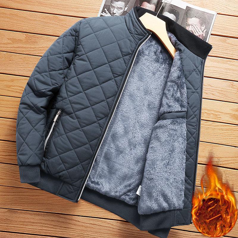 Autumn Winter Jacket Men's Diamond Pattern Fleece Lined Casual Jacket Men Clothing Slim Fit Coat