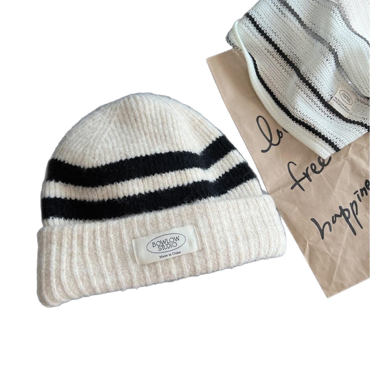 

Striped Woolen Cap for Children in Autumn and Winter Korean Version Skin friendly and Face Enhancing Small Knitted Cap Hooded Cold Cap one size