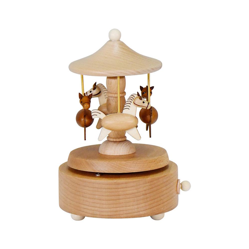 Wooden Carousel Music Box Ornaments Rotatable Hand-cranked Music Box DIY Handmade Birthday Christmas Gift Children’s Toys