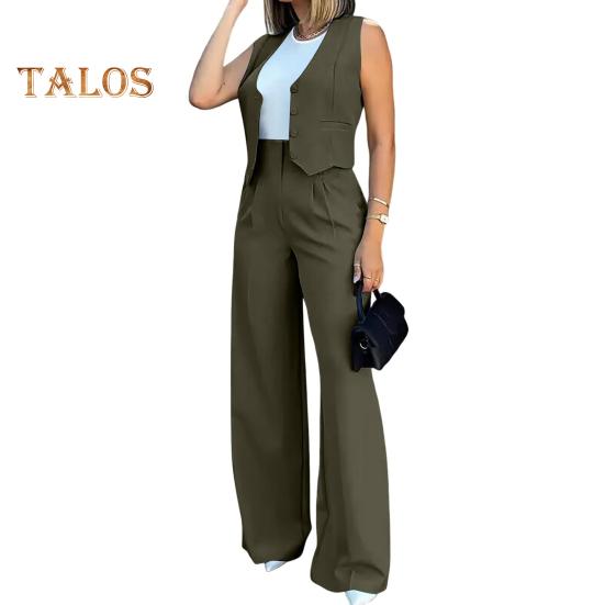 

Женские комплекты жилетов, офисный женский нарядный комплект из двух предметов, безрукавный пиджак на пуговицах, жилет, широкие брюки, комплект, летний рабочий наряд XL армия зеленый