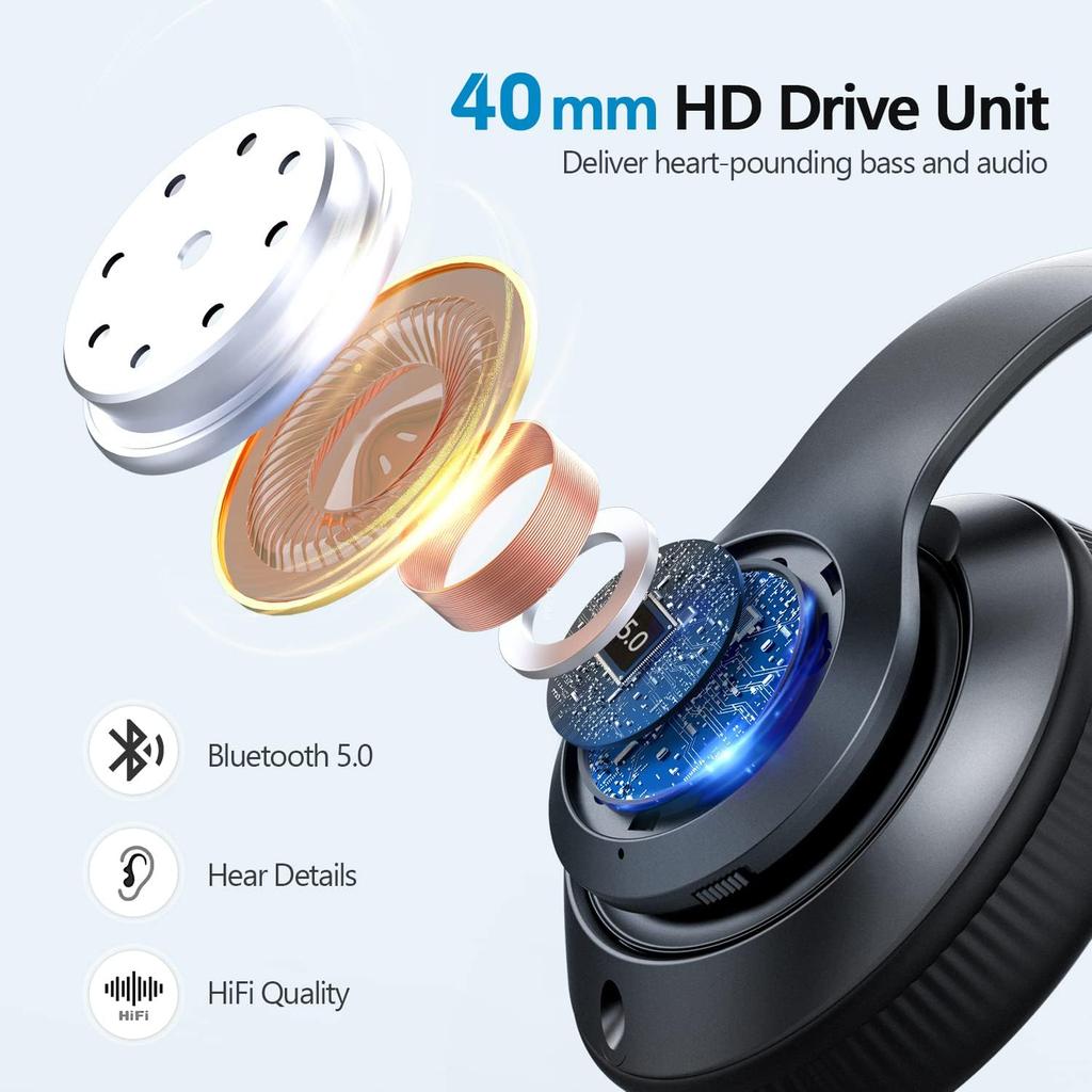Bluetooth Headphones Over Ear, 60 Hours Playtime Foldable Headphones Wireless Bluetooth Hi-Fi Stereo Deep Bass with 6 EQ Modes, Adjustable
