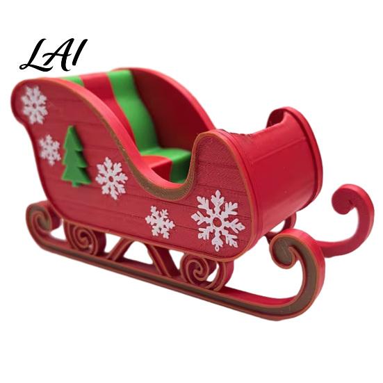 Snowflake Christmas Tree Relief 3D Printed Sleigh Ornament Red And Green Figurine with Holiday Scene Matching Props and Relief Festive Tabletop