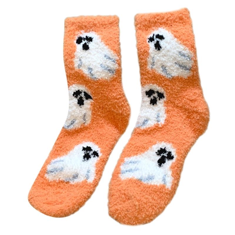 Women's Coral Fleece Socks for Halloween Festivities Cute Pumpkin Ghostly Witch Hat Print Cozy Fuzzy Slipper Ankle Socks