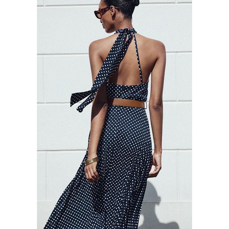 Summer New Bowknot Decoration Sleeveless with Belt Polka Dot Hanging Collar Midi Skirt Dress 3555902