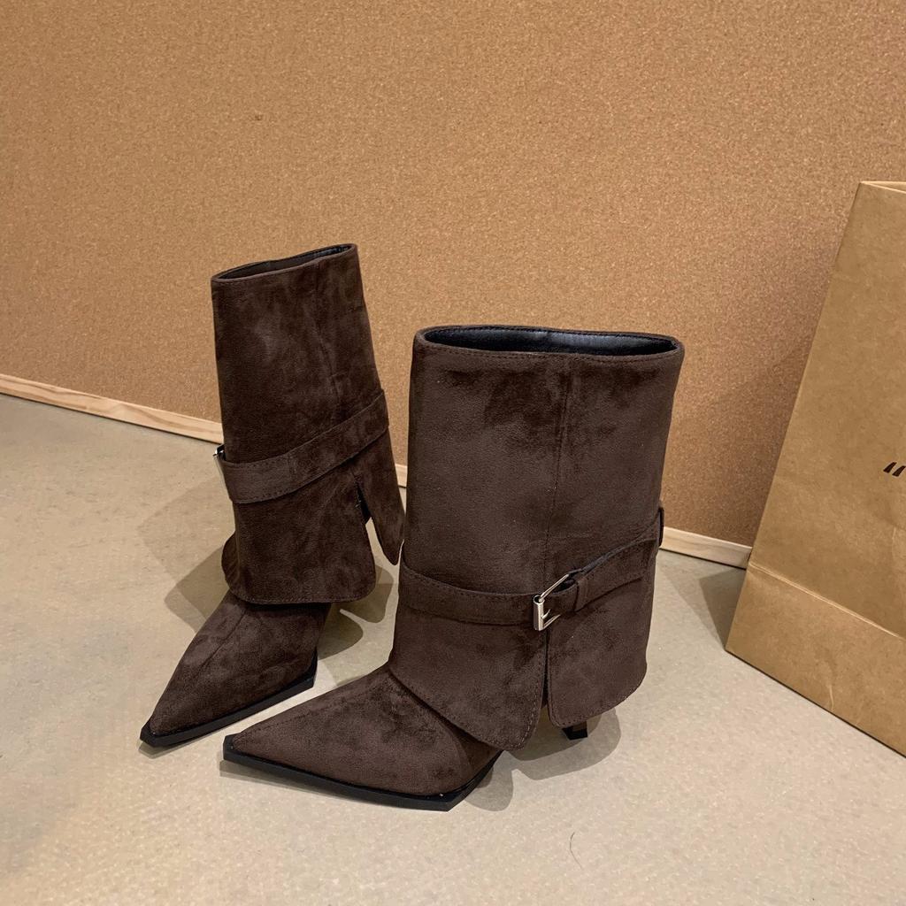 Wasteland Suede Pointed Belt Buckle High-heeled Short Boots Women's Thin Thin-heeled Trouser Tube Boots Medium Boots