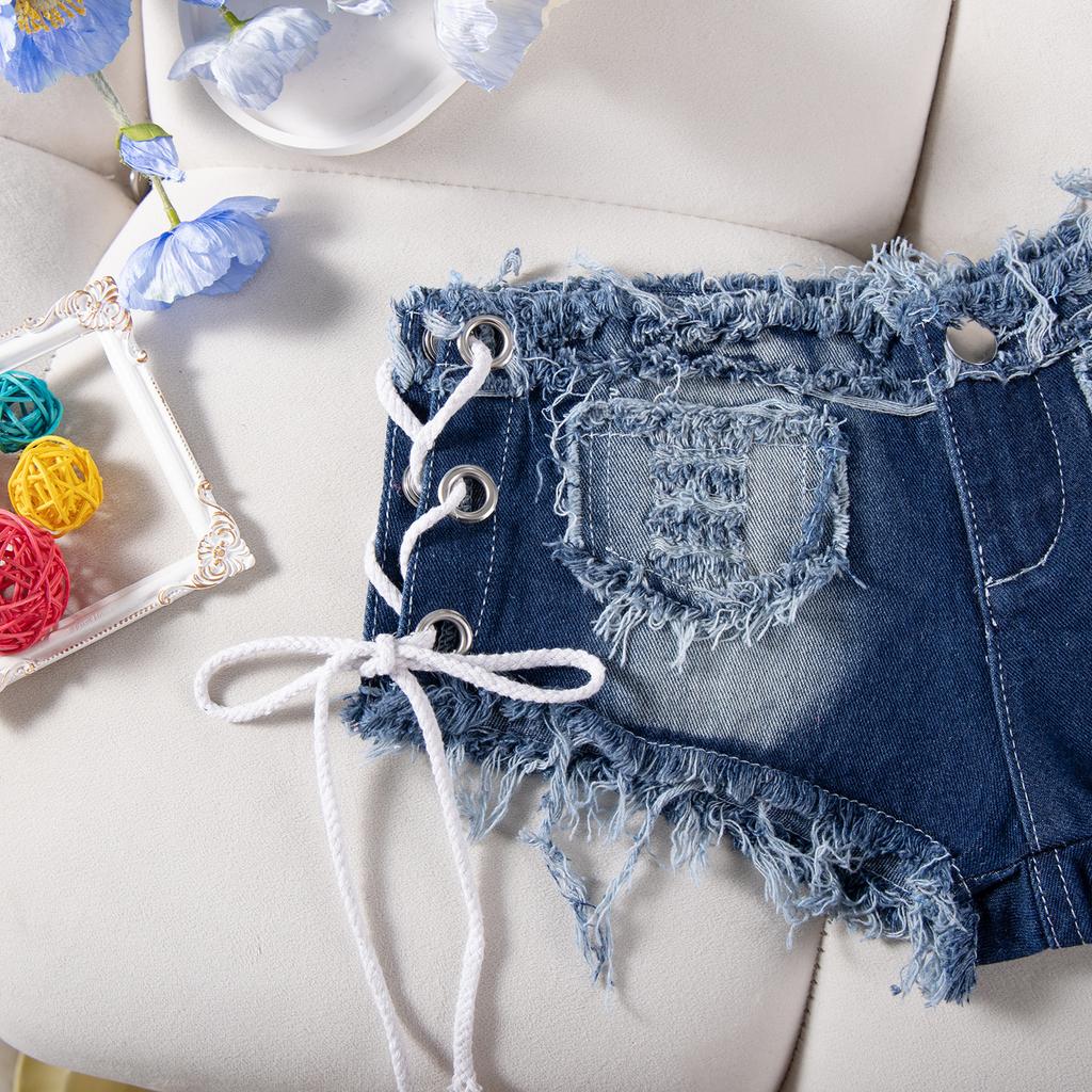 Nuovi Pantaloncini di Jeans Sexy a Vita Bassa da Donna, Vestibilità Aderente con Coulisse e Dettagli Usurati per Abbigliamento da Spiaggia Estivo e Stile Urbano Casual