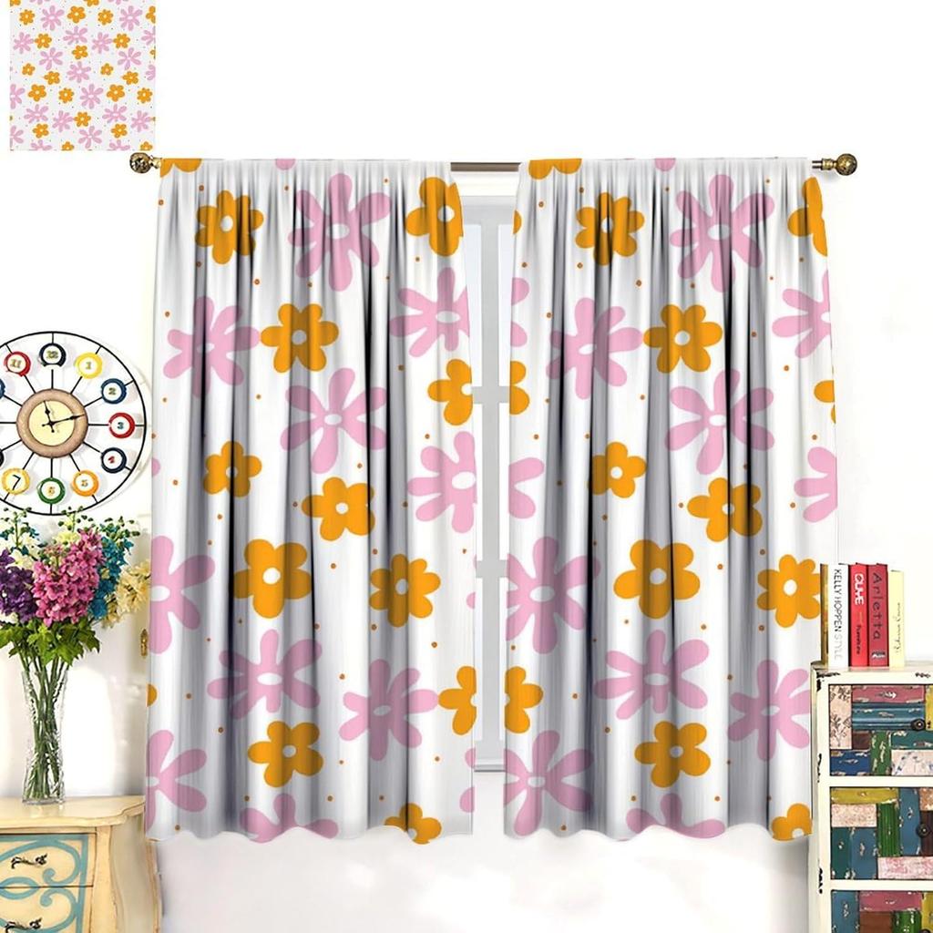 Pink Orange Flower Curtains Girls Bedroom Retro Hippie Groovy Daisy Floral Print Window Treatments Kids Curtain Polyester Ideal For