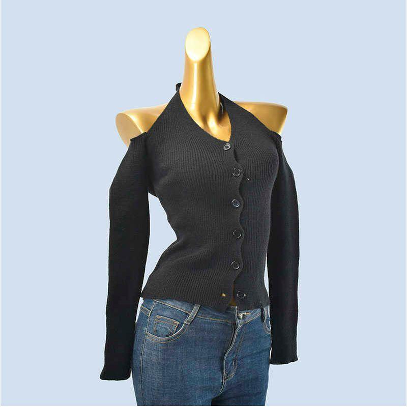 Sexy Sexy off-Neck Halterneck Knitwear Women's Spring and Autumn New Design Sense Cardigan Slim-Fit Crop-Top