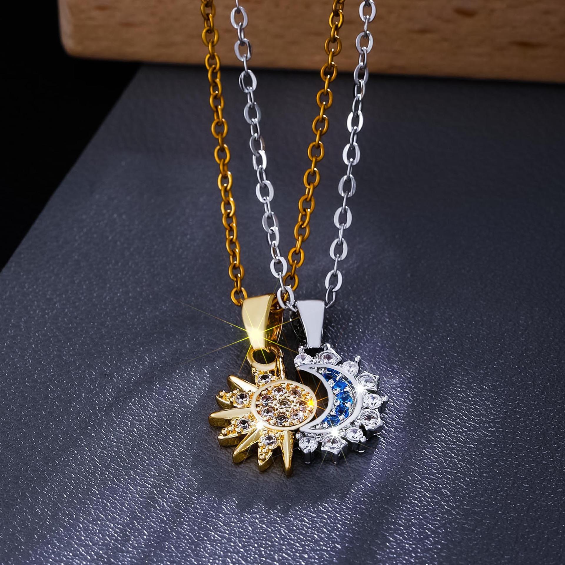 

Retro Design Sun Moon Necklace Ring Set for Women Diamond Embedded Stackable Titanium Steel Geometric Shape Couples Jewelry Sun and Moon with magnetic suction