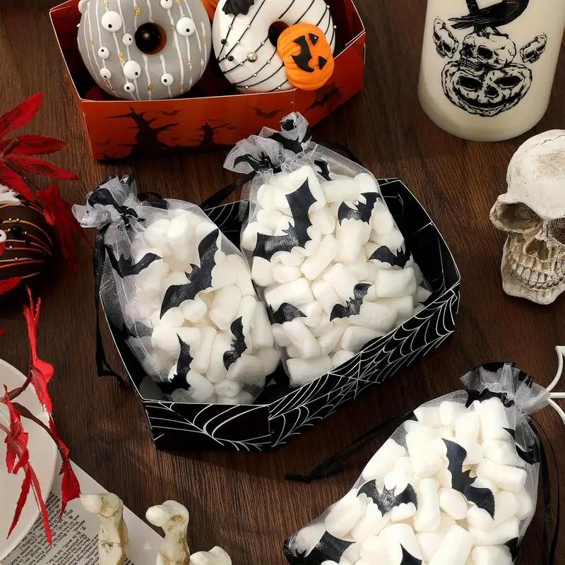 WTEMPO Halloween Organza Gauze Drawstring Bags Black Bat Pattern Design Mesh Gift Bags Holiday Festive Party Supplies