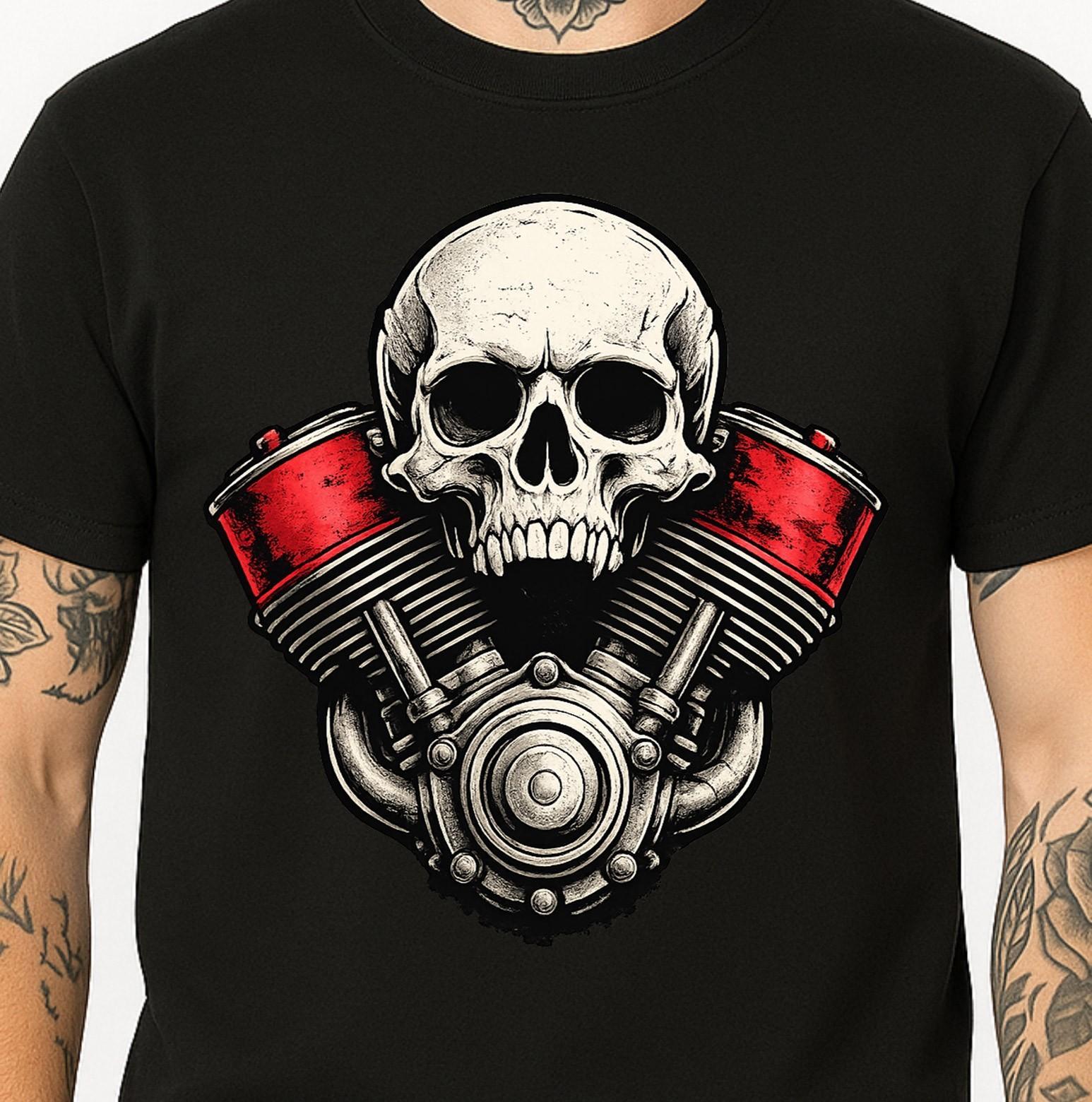 Skull V-Twin Engine Graphic Biker Motorcycle Gothic Mechanic Garage Tee. XS