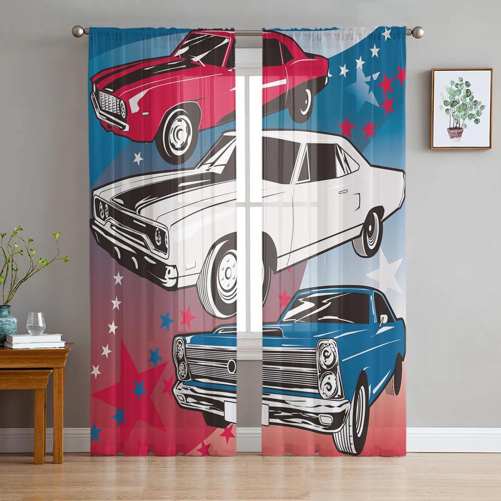 Car Wings Icon Retro Tulle Curtains for Living Room Print Sheer Voile Curtain Bedroom Window Screening Drapes Blinds Home Decor