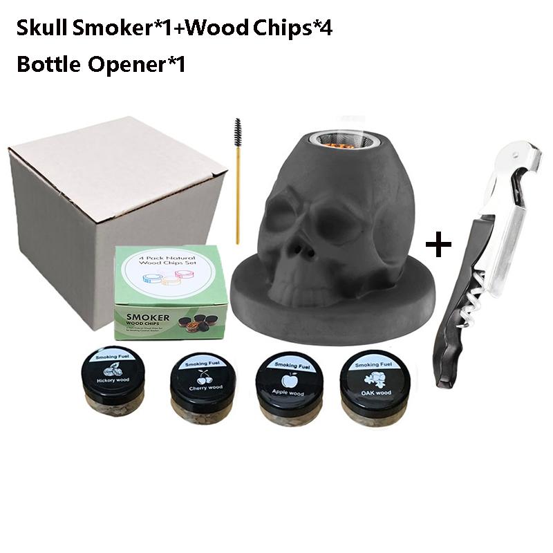 Cocktail Smoker Kit with 4 Flavors Wood Chips -Ceramics Bourbon Whiskey Skull-Shaped Old Fashioned Smoker Infuser for Bar Tools