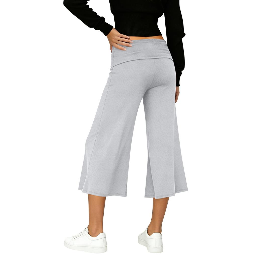 Women Elastic High Waist 3/4 Pant Casual Fit Wide Capris Leg Pants Trousers With Pockets