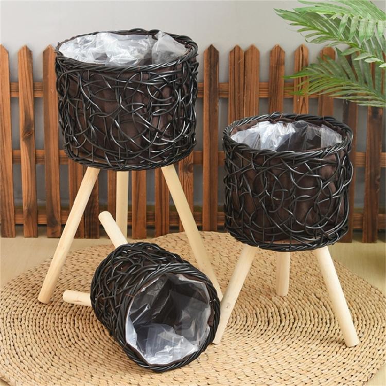 Wood Legs Plant Holder Stool for Home Decoration Stable Floor Planter Basket Woven Balcony Flower Pots Display Shelf