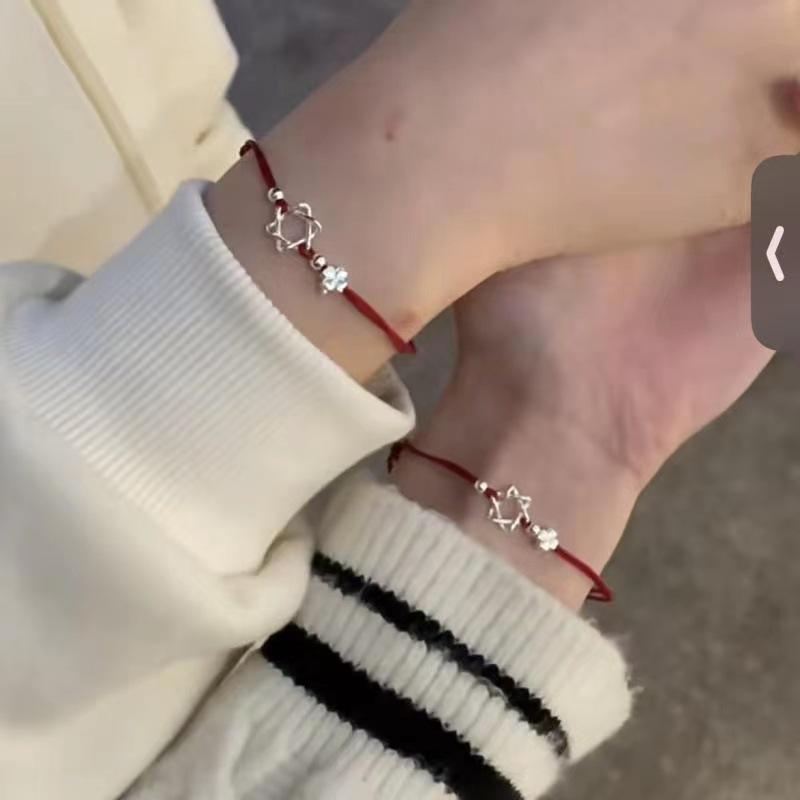 Pulseira Corda de Mão Vermelha Ajustável Trevo da Sorte Hexagrama para Meninas e Melhores Amigas