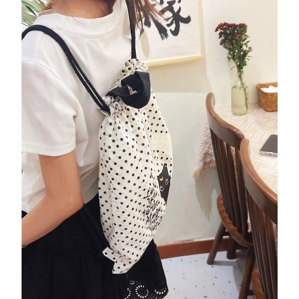 WTEMPO Cute Polka Dot Printed Moon Cat Portable Commuting School Travel Large-capacity Single-shoulder Drawstring Backpack