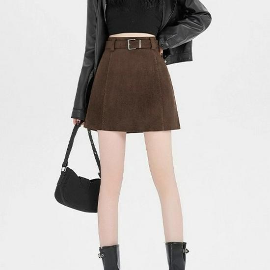 Elegant High-Waist Suede A-line Skirt for Women - Coffee Color, Anti-exposure, Slimming and Hip-hugging, Perfect for Spring and Fall.