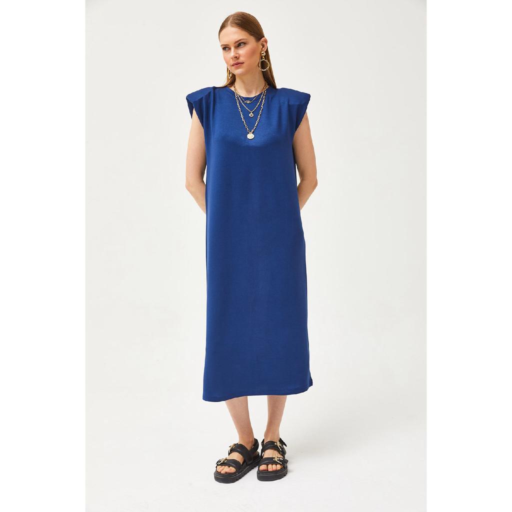 Women's Navy Blue Shoulder Padded Crystal Dress Elb-19002086