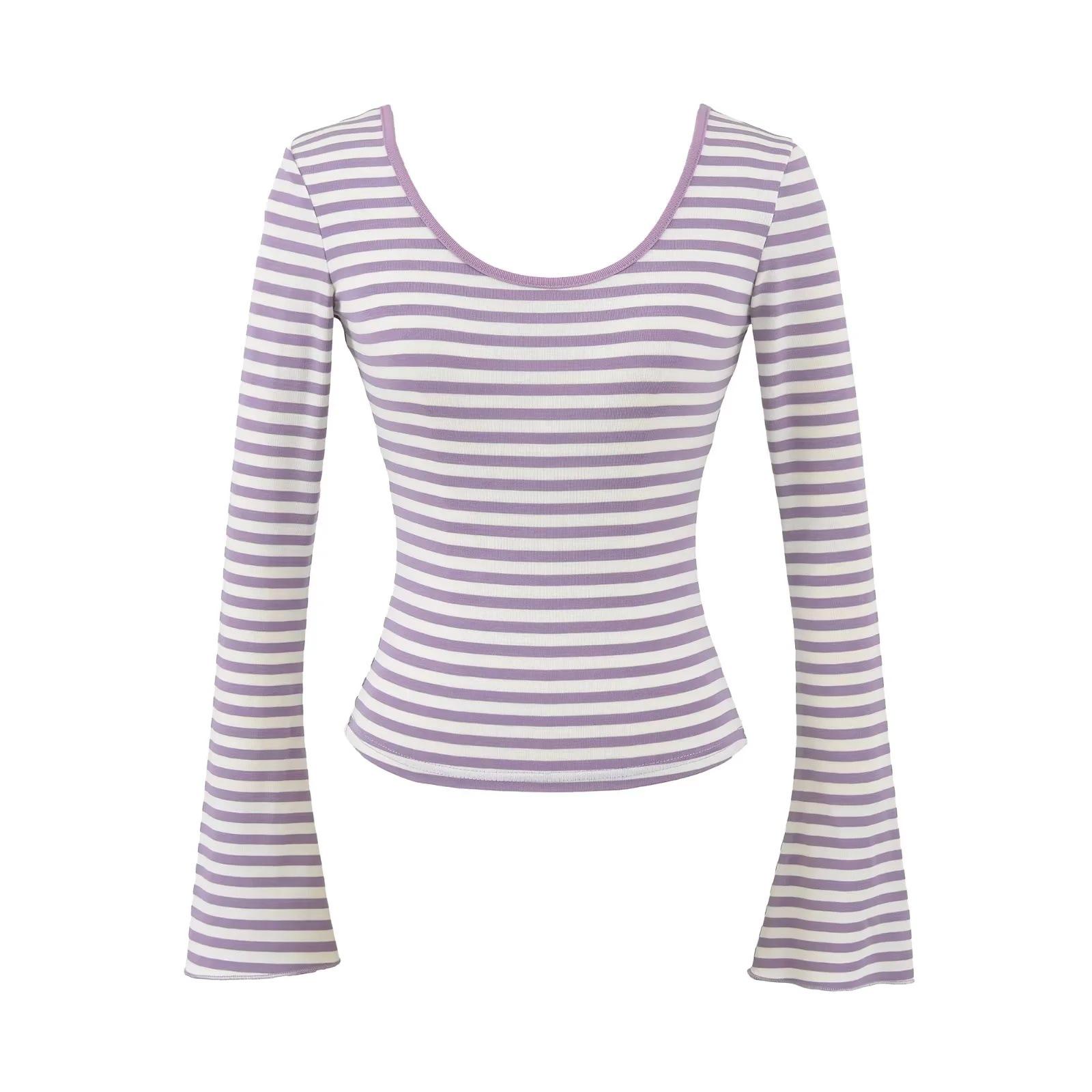 American Spicy Girl Striped Backless U-neck Long-sleeve Slim-fit T-shirt for Women s Autumn/Winter Small фиолетовый