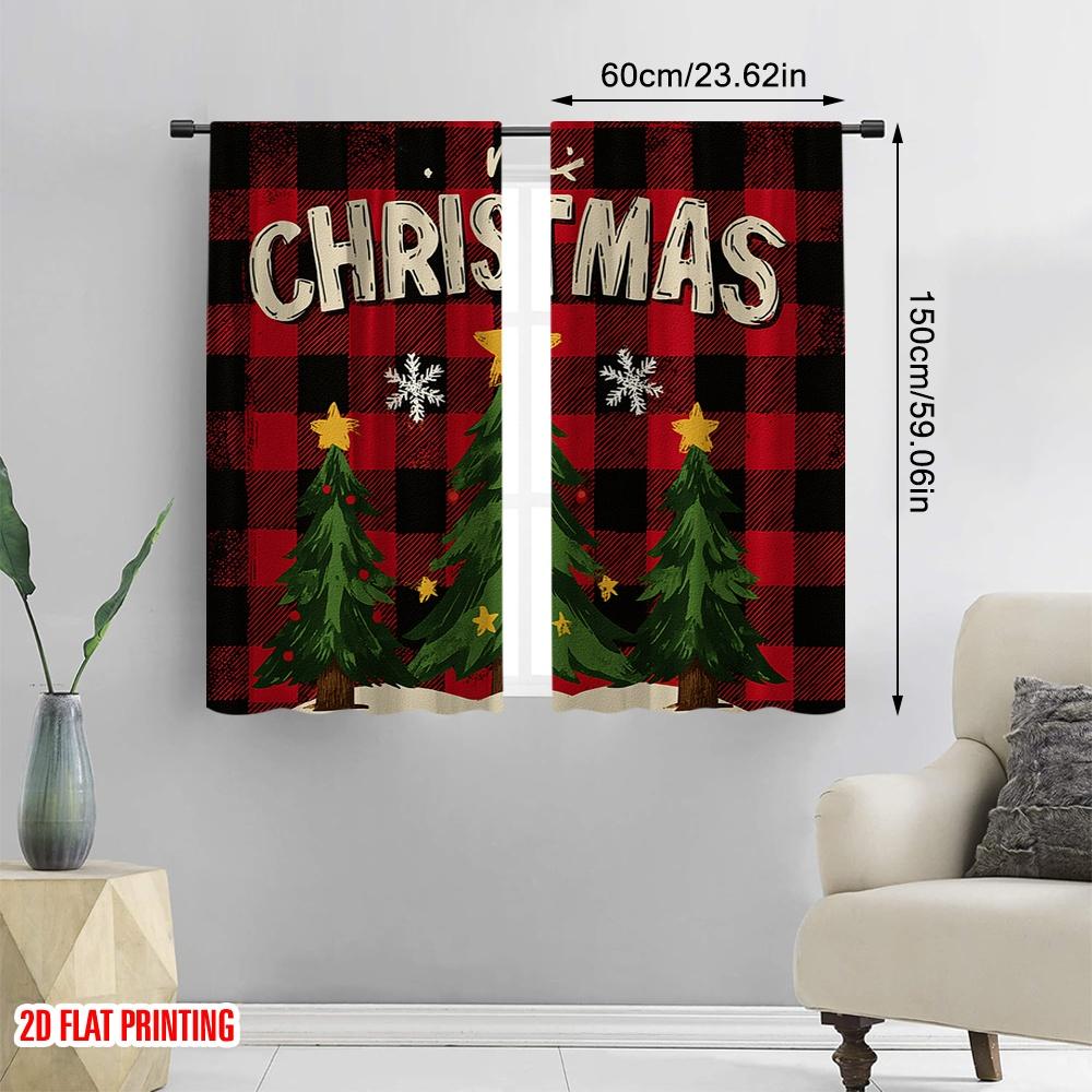 2pcs,2D Plane Printing Pattern Curtains Winter Christmas Tree1 Versatile 100% Polyester (without Rod) Outdoor Decorations