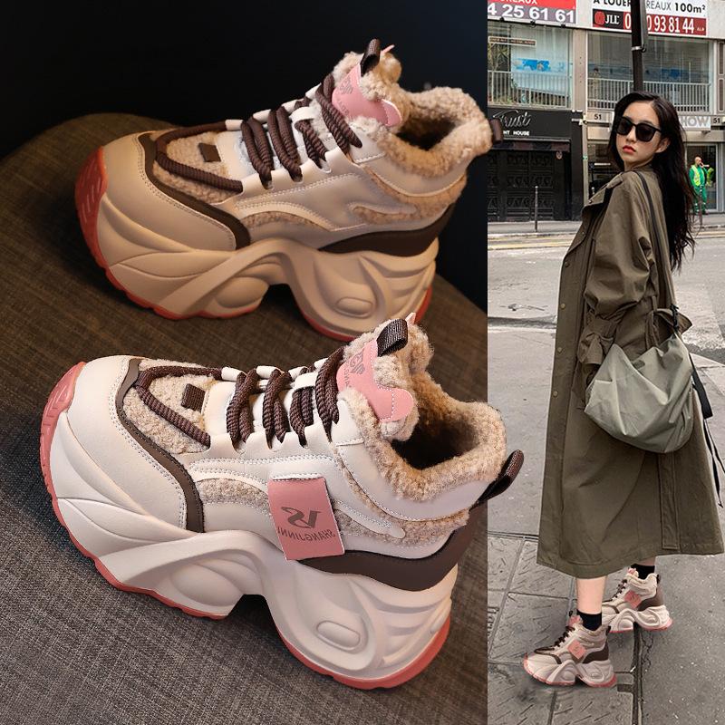Women's Shoes New Thick-soled Small Inner Height Increase and Velvet Warm Dad Shoes Women's Winter Sports Casual Shoes