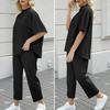 Yousheng 2 Pcs/Set Women Top Pants Set Half-high Collar Mid Sleeves Blouse Wide Leg Elastic Waist Trousers with Pockets Daily Leisure Loose Outfit