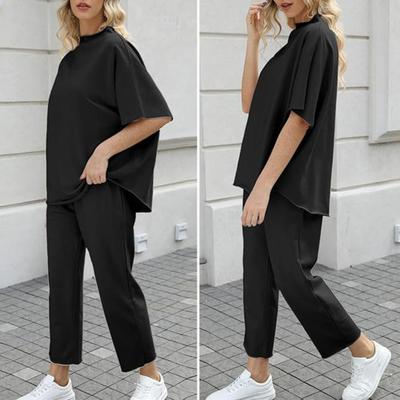 Yousheng 2 Pcs/Set Women Top Pants Set Half-high Collar Mid Sleeves Blouse Wide Leg Elastic Waist Trousers with Pockets Daily Leisure Loose Outfit