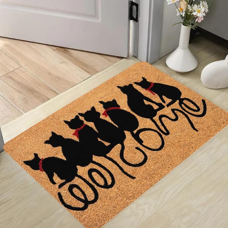 Niedlicher Katzen-Print Teppich Katzenpfote Schriftzug Willkommen Fußmatte Rutschfest Innen Außen Universeller Teppich für Wohnzimmer Schlafzimmer Flur