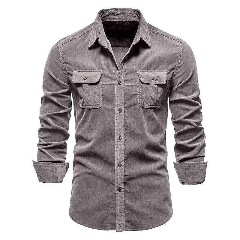 Men Long Sleeve Corduroy Striped Shirt Business Casual Style
