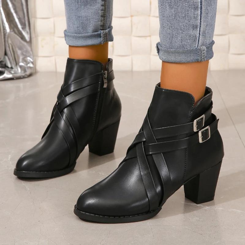 

Solid Mid-Calf Square Heel Modern Boots for Women Hot Sale Winter High Heel Rubber Pu Ladies Shoes Pointed Boots Botas Mujer