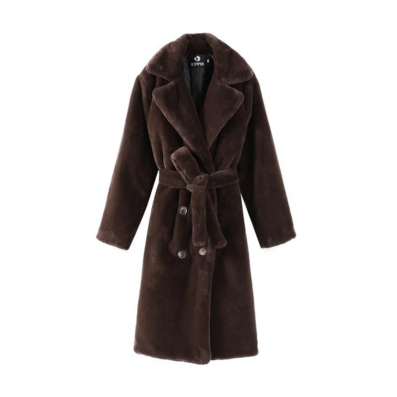

Женская утолщенная длинная норковая бархатная шуба осень-зима, роскошная куртка из искусственного меха кролика с поясом и лацканами, тренч-пальто M кофейный